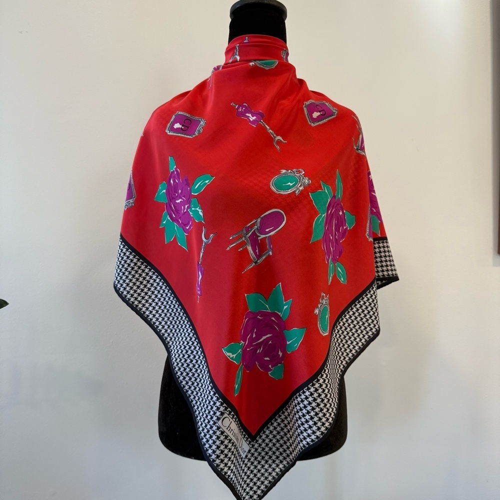 Authentic Christian Dior Red and Purple Floral Scarf 34x34”